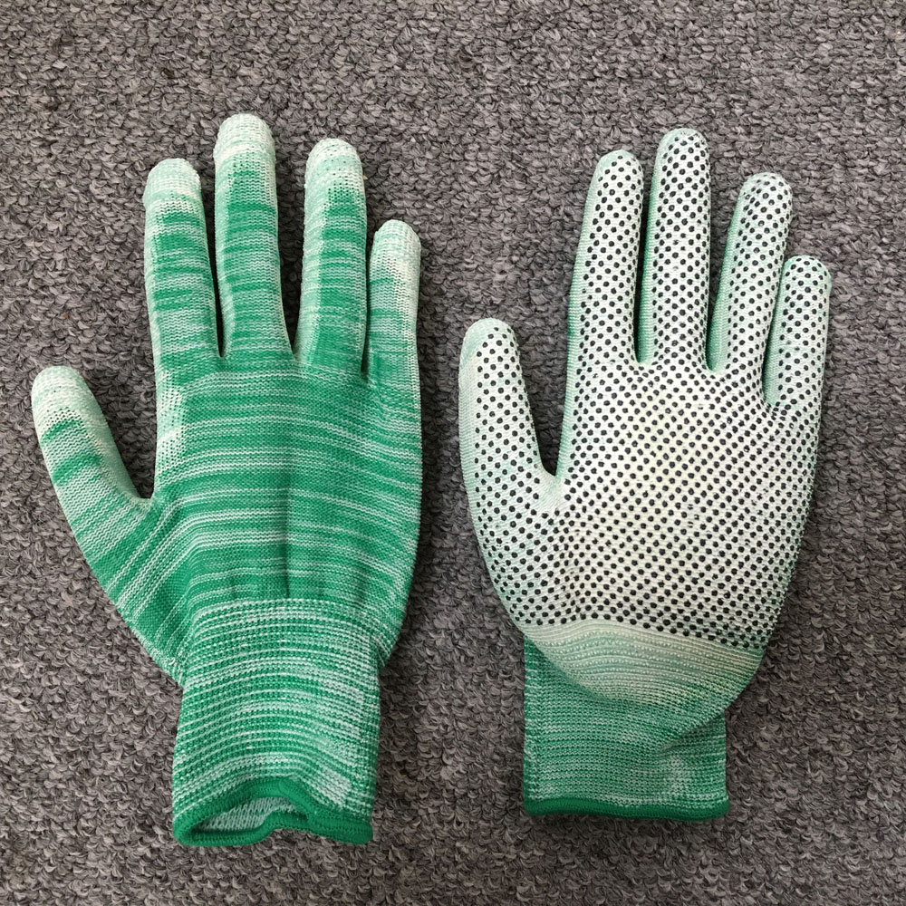 13 gauge polyester PU glove with pvc dots for antislip